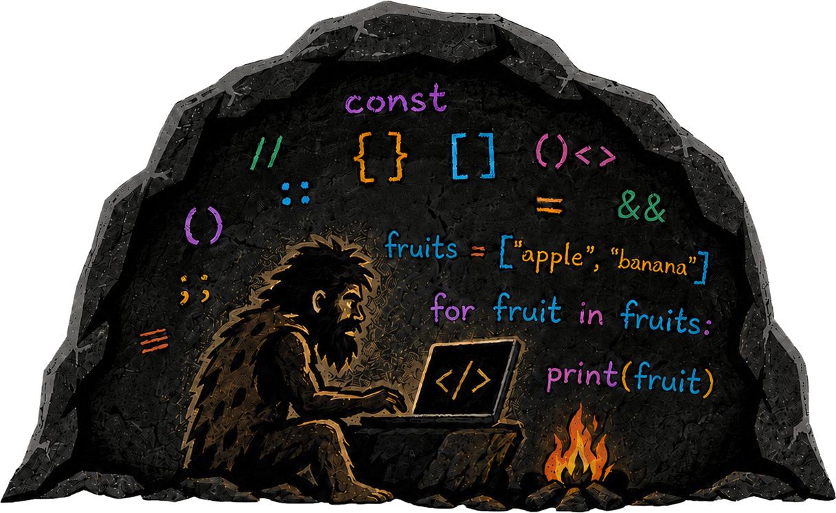 Cave painting of a caveman coding on a laptop beside a campfire, with code written in colored chalk across the cave wall.